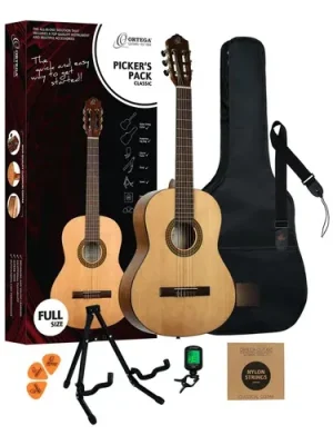 Ortega RPPPC44 Guitarra Clasica Criolla con pack de accesorios: funda, soporte, afinador, correa, encordado y puas.