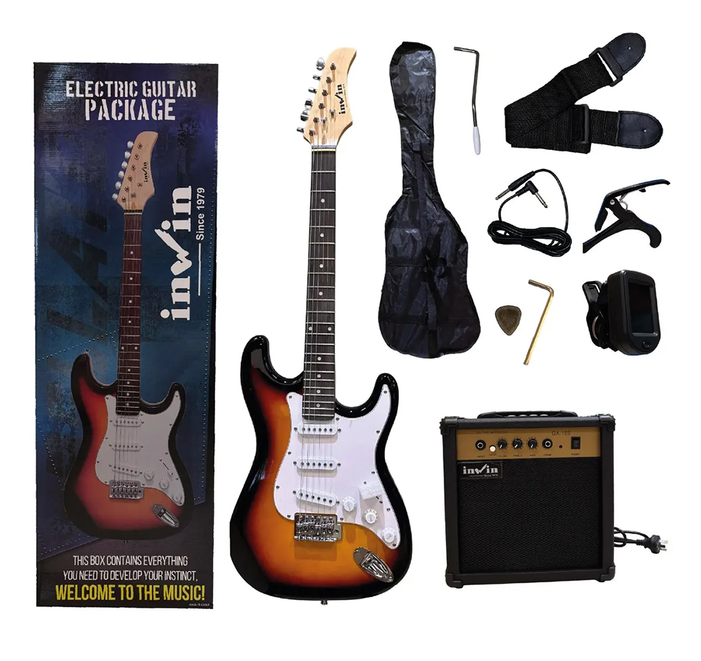 Kit Guitarra Electrica Stratocaster Inwin Pack con Amplificador + Accesorios Color Sunburst PACKSTSB